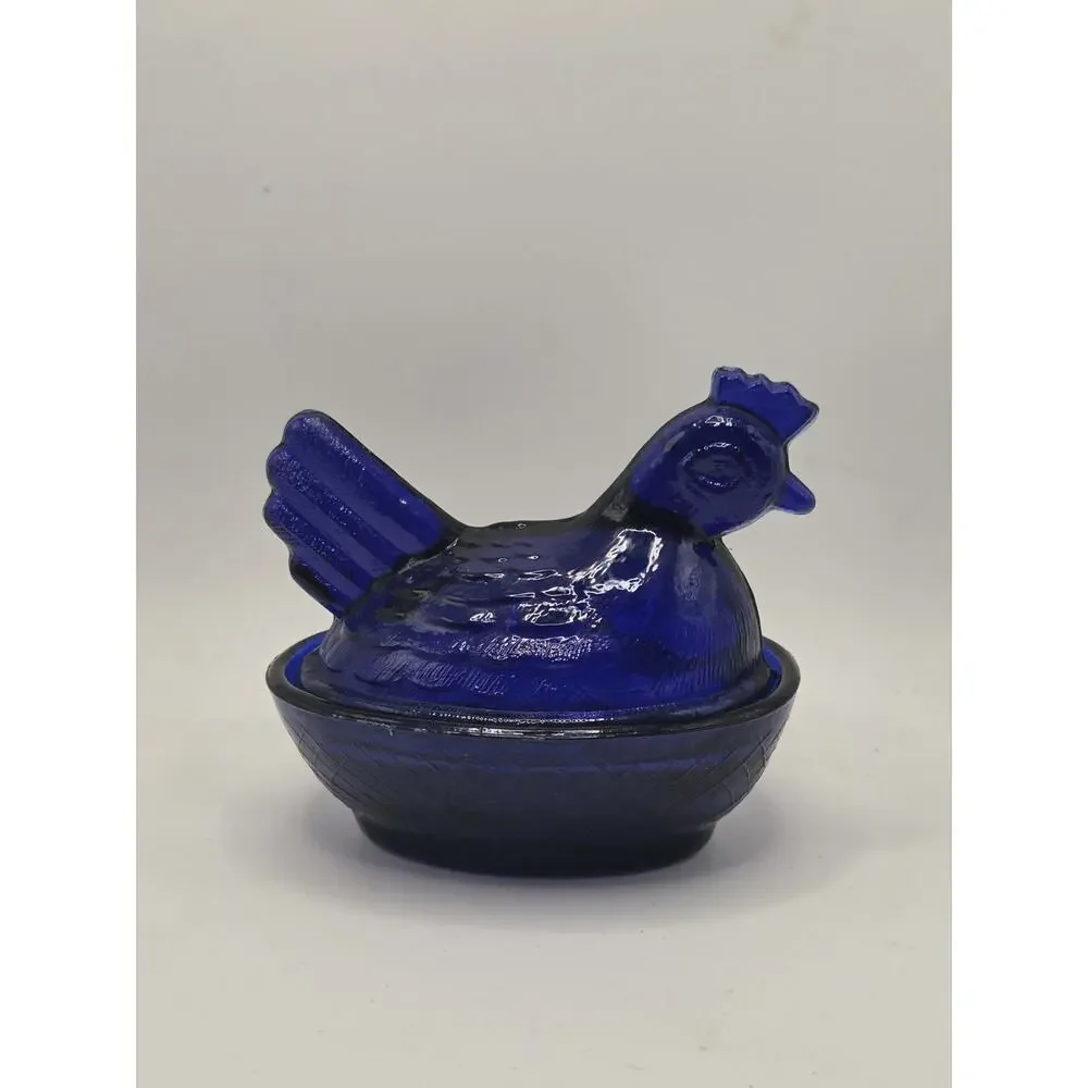 VINTAGE HEN ON A NEST SALT CELLAR COBALT BLUE INDIANA GLASS Chicken Container